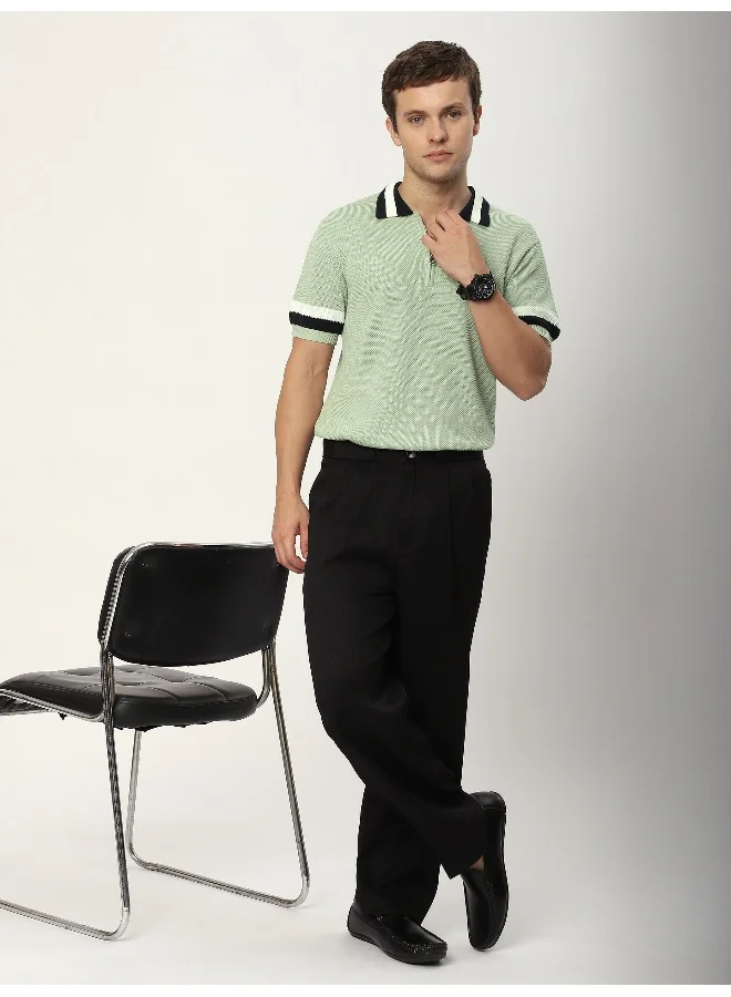 Beyoung Seafoam Green Contrast Striped Collar Flat Knit Polo T-Shirt for Men