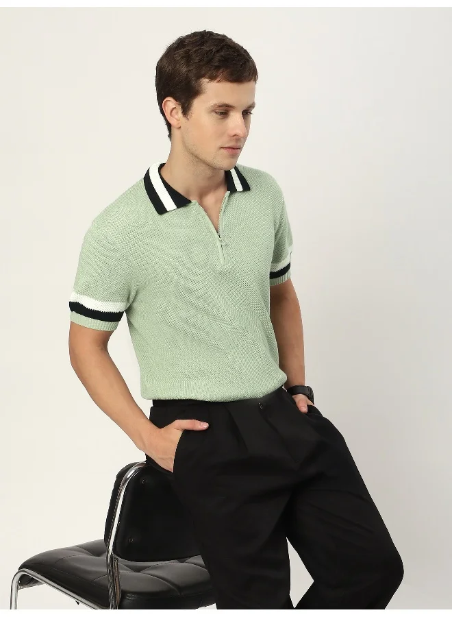 Beyoung Seafoam Green Contrast Striped Collar Flat Knit Polo T-Shirt for Men