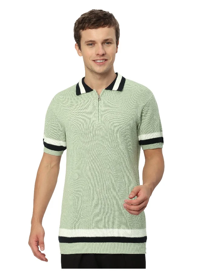 Beyoung Seafoam Green Contrast Striped Collar Flat Knit Polo T-Shirt for Men
