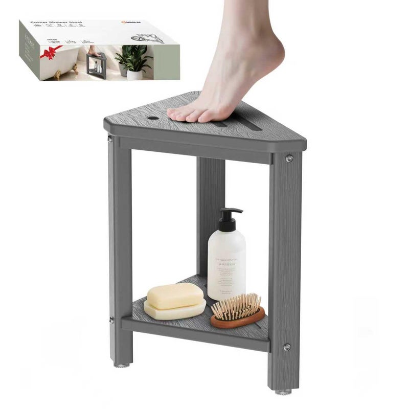 ONSGLM Shower Foot Rest 15in, HDPE Waterproof Shower Stool for Inside Shower, Corner Shower Stool for Shaving Legs with Storage Shelf for Small Space, Shower Step Stool, Plastic Corner Shower Bench, Grey - Image 1