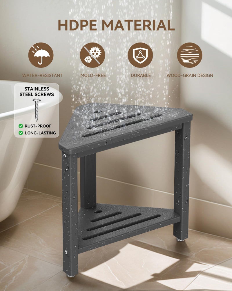 ONSGLM Shower Foot Rest 15in, HDPE Waterproof Shower Stool for Inside Shower, Corner Shower Stool for Shaving Legs with Storage Shelf for Small Space, Shower Step Stool, Plastic Corner Shower Bench, Grey - Image 4
