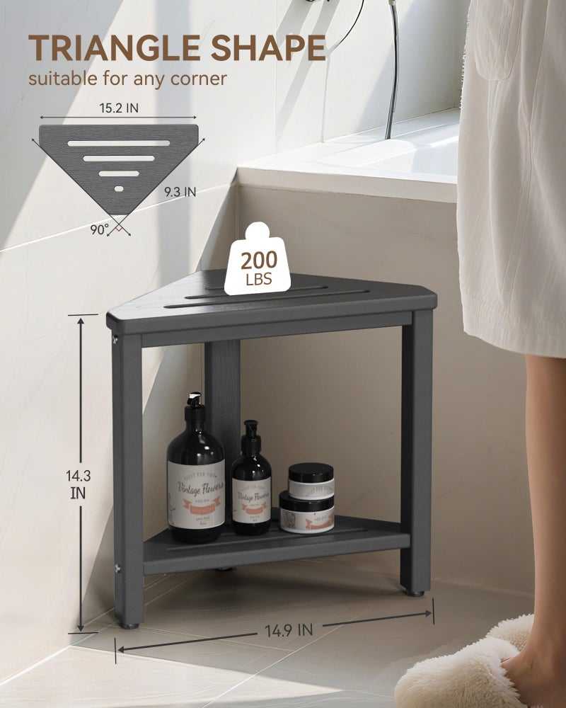 ONSGLM Shower Foot Rest 15in, HDPE Waterproof Shower Stool for Inside Shower, Corner Shower Stool for Shaving Legs with Storage Shelf for Small Space, Shower Step Stool, Plastic Corner Shower Bench, Grey - Image 3