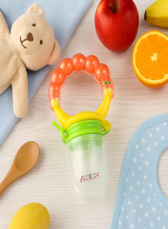 AEREX BPA Free Silicone Food Nibbler with Extra 2 Different Size Mesh Nipple for Fruit and Veggies with Rattle Handle for Baby (Multi-Color) (Orange) - Image 1