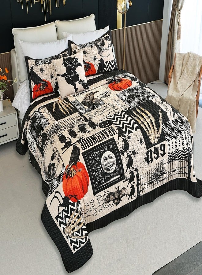 Cmfshape Halloween Quilt Set King Size,Black Orange Reversible Quilt Bedding Set 4PCS,Cat Pumpkin Spider Festival Themed Bedspread King,Decorative Bedding Coverlet with 3 Pillow Shams(Orange&Black,104"x90") - Image 1