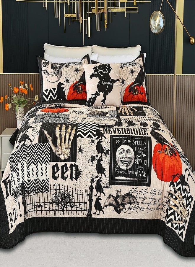Cmfshape Halloween Quilt Set King Size,Black Orange Reversible Quilt Bedding Set 4PCS,Cat Pumpkin Spider Festival Themed Bedspread King,Decorative Bedding Coverlet with 3 Pillow Shams(Orange&Black,104"x90") - Image 2