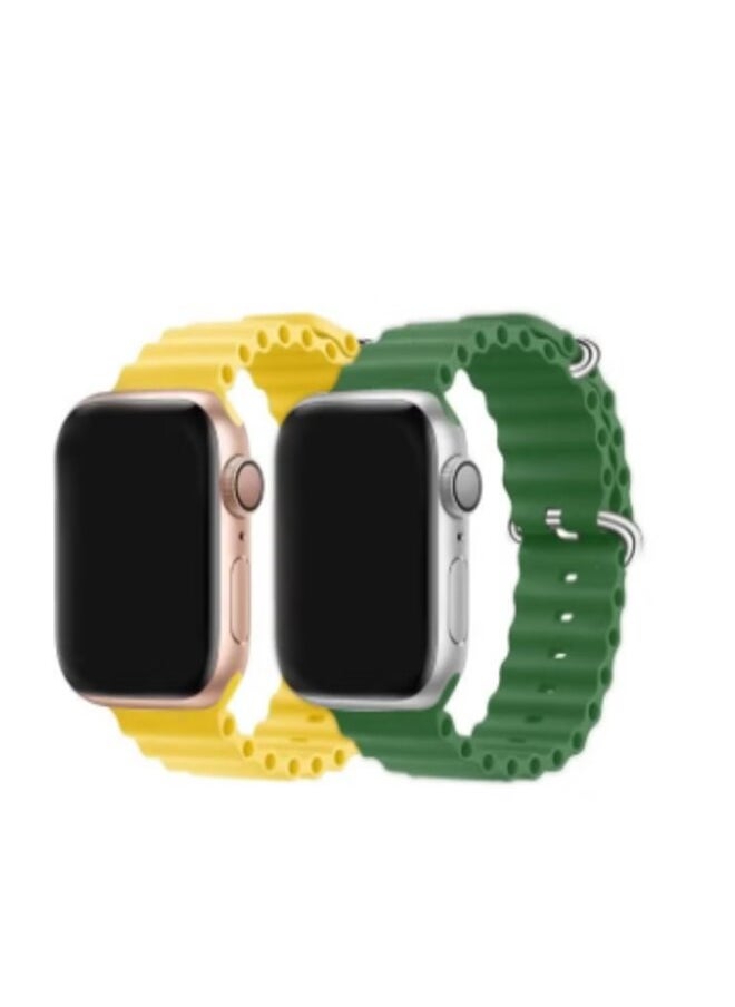 Generic - 2Pack for Apple Watch Ocean Band 49mm 45mm 44mm 42mm Soft Silicone Loop Strap for iphone Watch Series For 1/2/3/4/5/6/SE/7/8 Ultra Green/Yellow - Image 1