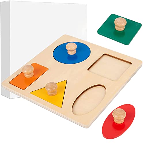 Buootooy Montessori Multi Shape Wooden Puzzle Toy Baby Toddler First Jumbo Wood Peg Educational Basic 5 Geometry Shape - Image 1