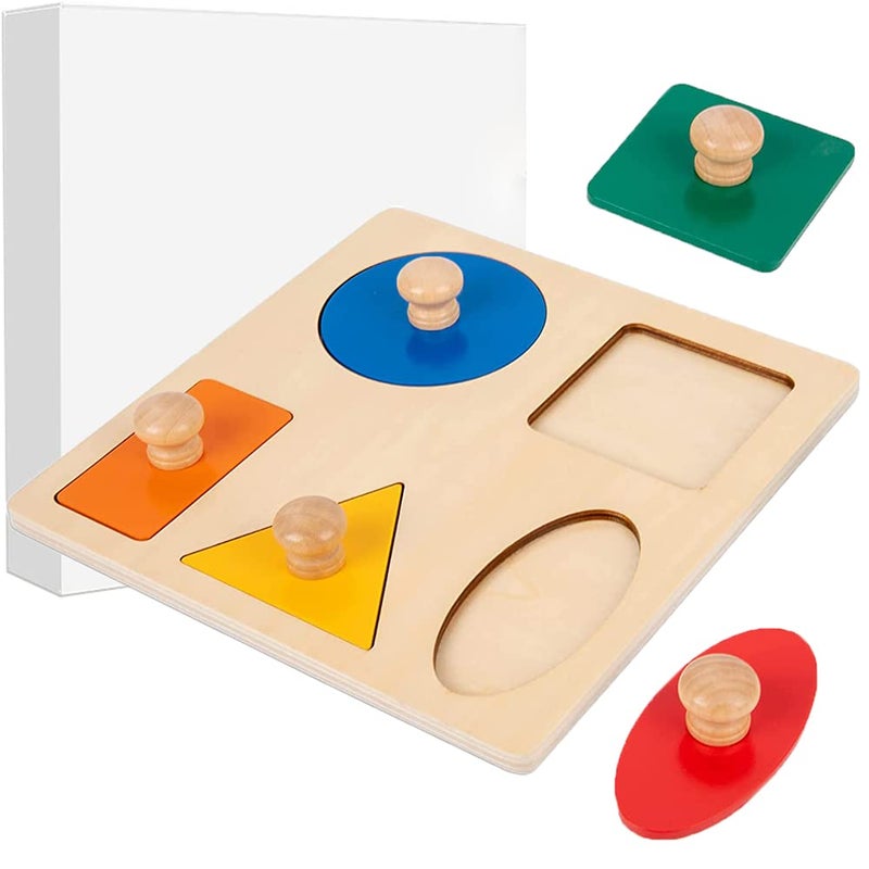 Buootooy Montessori Multi Shape Wooden Puzzle Toy Baby Toddler First Jumbo Wood Peg Educational Basic 5 Geometry Shape - Image 3