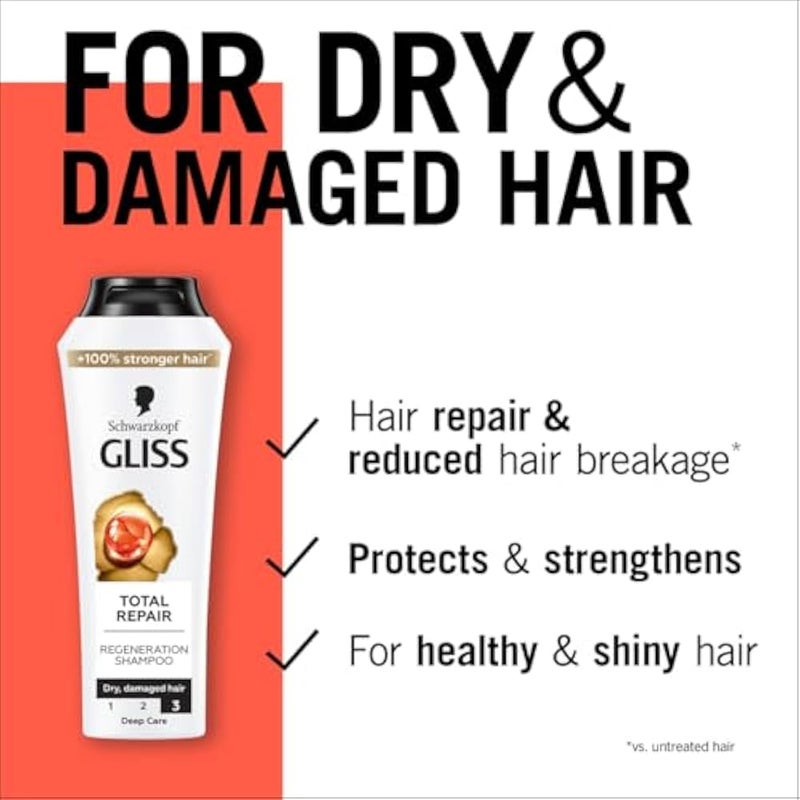 Gliss Total Repair Shampoo, 250ml — Experience complete hair renewal with this repairing shampoo, formulated to strengthen and protect damaged strands from root to tip - Image 2
