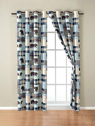 Rustic Modern Farmhouse Cabin Lodge Window Treatment Grommet Curtain Set with Patchwork of Grizzly Bears and Buffalo Plaid Check Patterns Beige Blue  Curtain Set Western 2