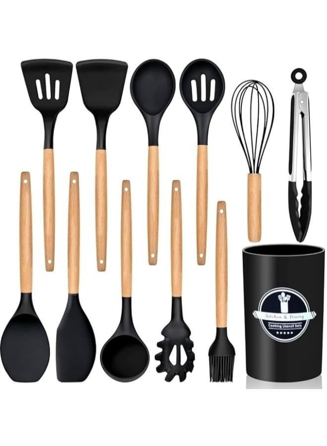إلترازون 12-Piece Silicone Kitchen Utensil Set with Wooden Handles, Heat-Resistant BPA-Free Cooking Tools Including Spatula, Turner, Spoon & Ladle – Safe for Non-Stick Cookware - Image 1