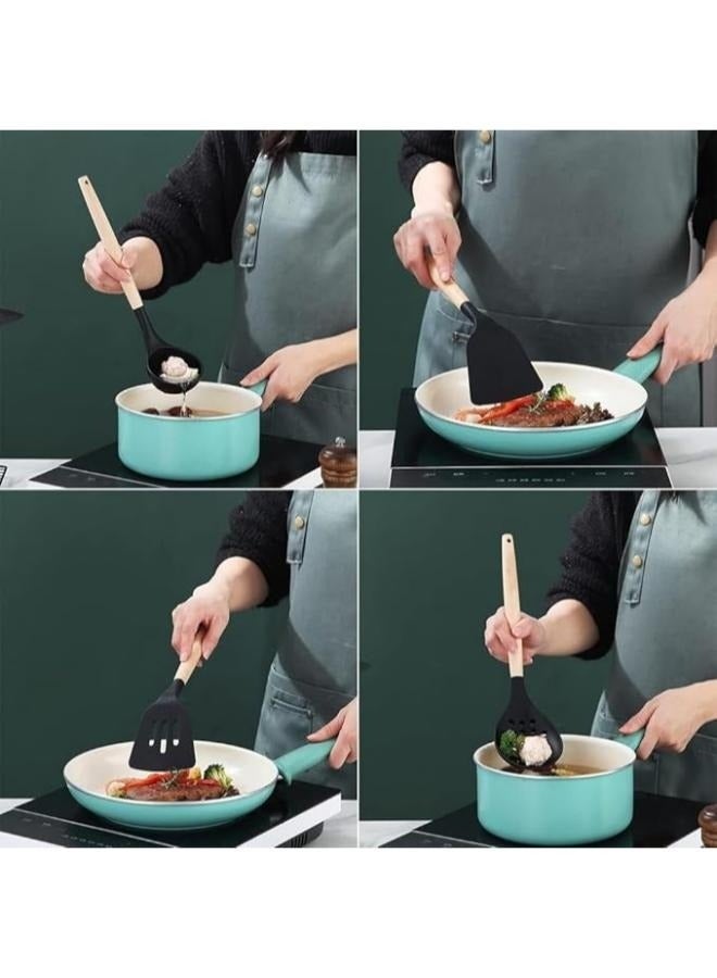 إلترازون 12-Piece Silicone Kitchen Utensil Set with Wooden Handles, Heat-Resistant BPA-Free Cooking Tools Including Spatula, Turner, Spoon & Ladle – Safe for Non-Stick Cookware - Image 3