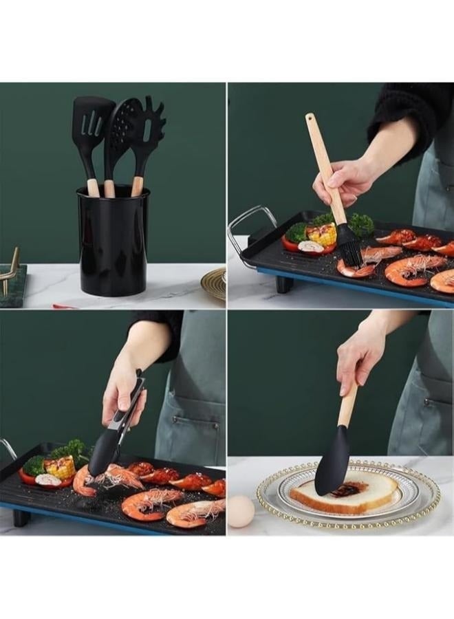 إلترازون 12-Piece Silicone Kitchen Utensil Set with Wooden Handles, Heat-Resistant BPA-Free Cooking Tools Including Spatula, Turner, Spoon & Ladle – Safe for Non-Stick Cookware - Image 4