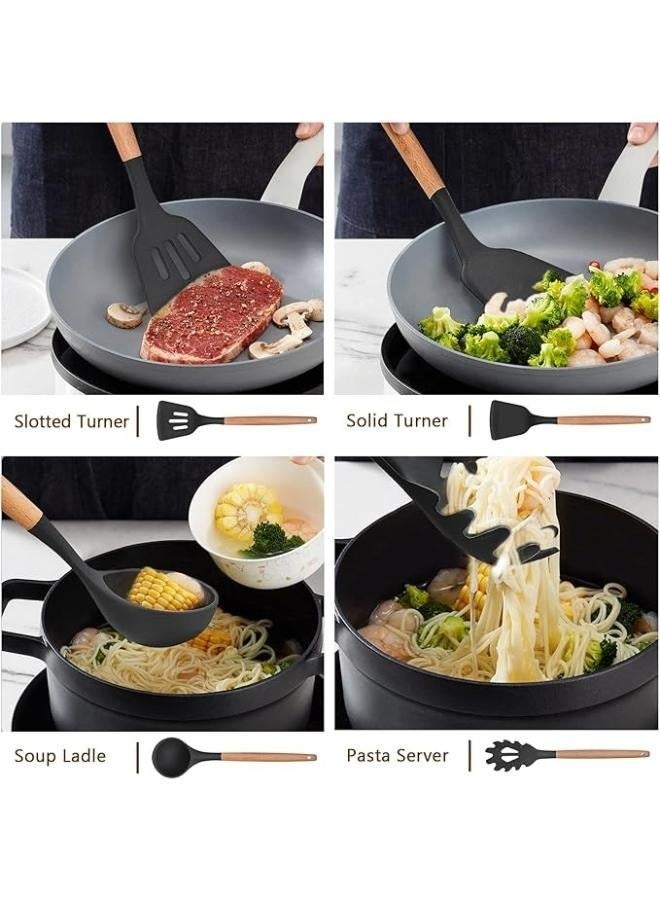 إلترازون 12-Piece Silicone Kitchen Utensil Set with Wooden Handles, Heat-Resistant BPA-Free Cooking Tools Including Spatula, Turner, Spoon & Ladle – Safe for Non-Stick Cookware - Image 5