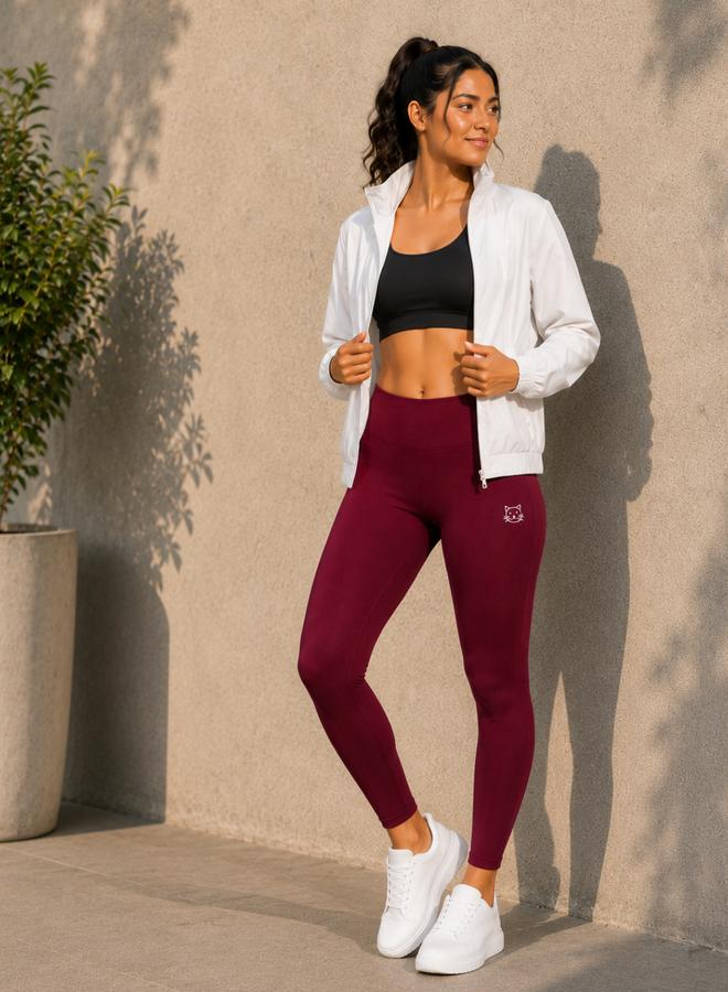 Take Two Burgundy Solid Active Leggings with Logo Print By Lazzycat - Image 5