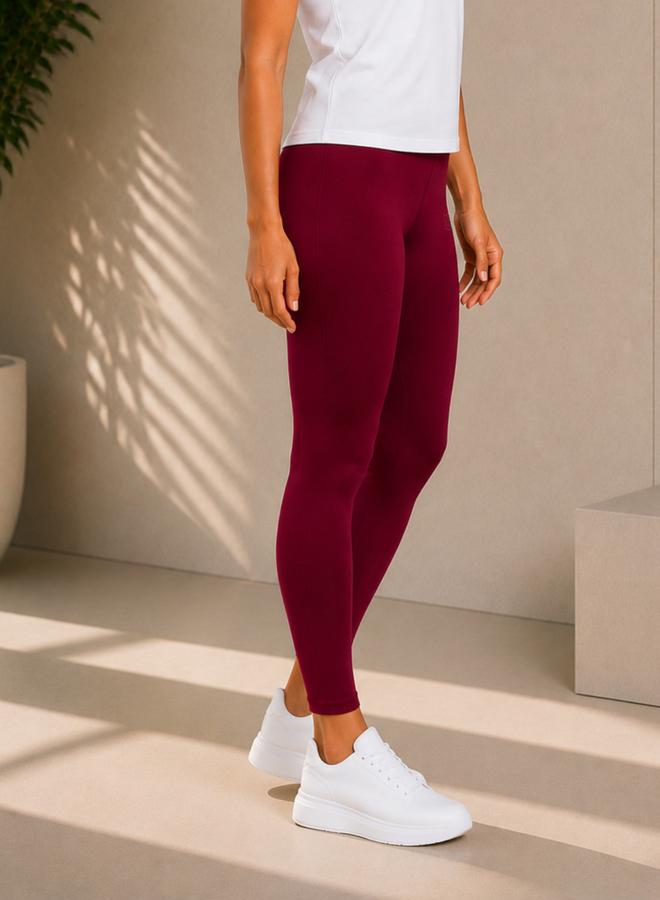 Take Two Burgundy Solid Active Leggings with Logo Print By Lazzycat - Image 4
