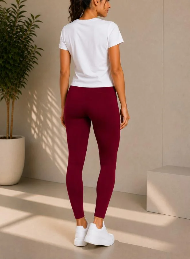 تايك تو Burgundy Solid Active Leggings with Logo Print By Lazzycat