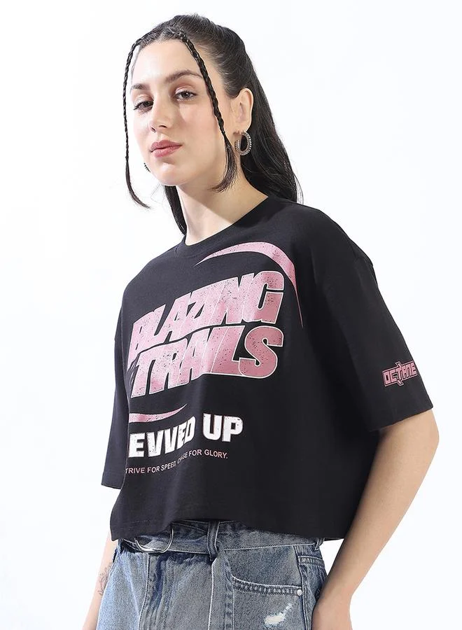 HIGH STAR Women's Black 100% Cotton Printed Cropped Boxy Fit T-Shirt