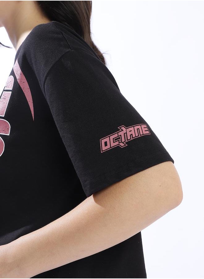 HIGH STAR Women's Black 100% Cotton Printed Cropped Boxy Fit T-Shirt  - Image 3