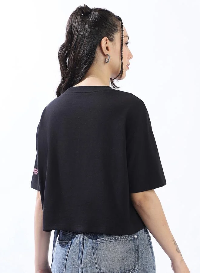HIGH STAR Women's Black 100% Cotton Printed Cropped Boxy Fit T-Shirt