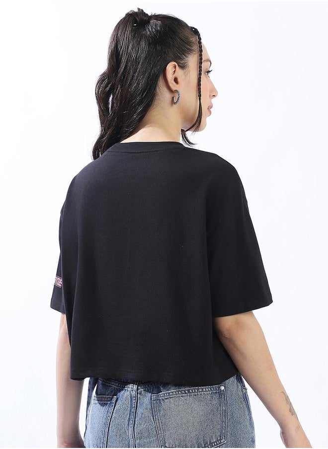 HIGH STAR Women's Black 100% Cotton Printed Cropped Boxy Fit T-Shirt  - Image 5