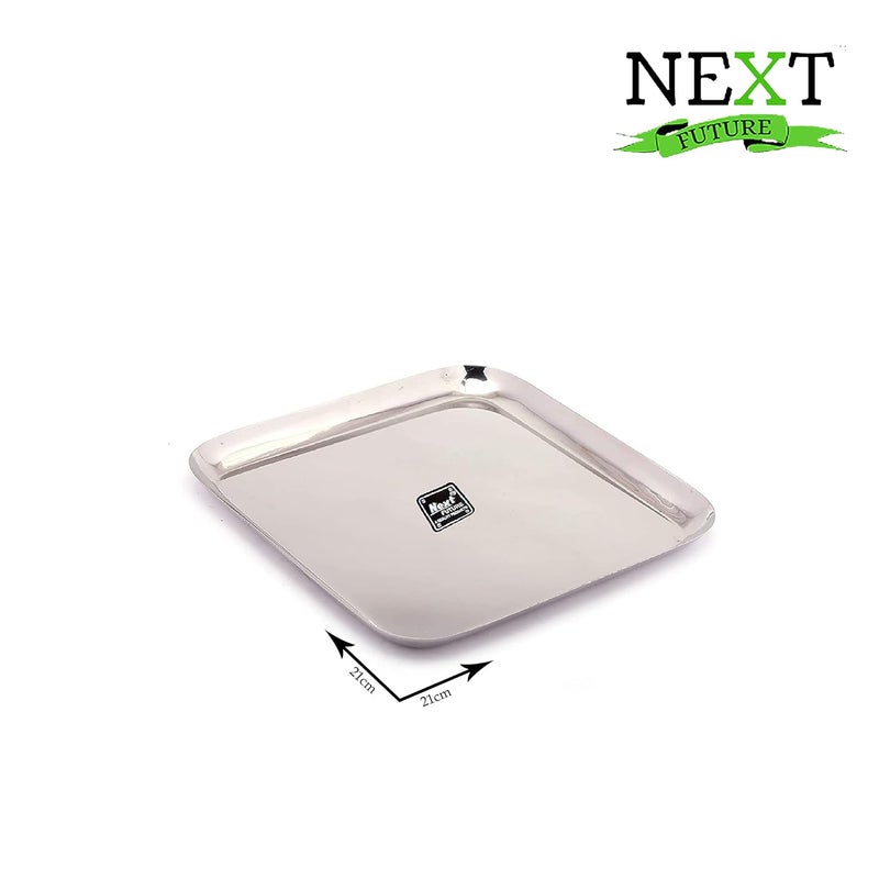 Next Future Stainless Steel BreakfastLunchDinner Plate Set of 6 with High Shiny Polish Heavy Gauge Medium Size Square Plates Diameter 8 Inches 21 cms - Image 2