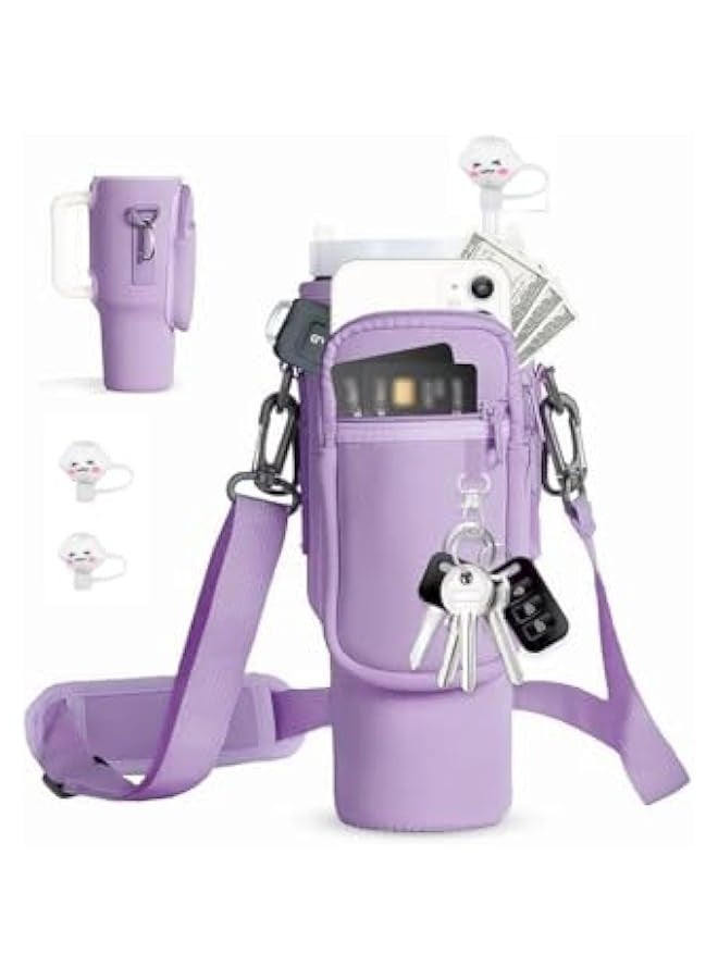 TRASSLE Water Bottle Holder with Phone Pocket for Stanley 40oz Tumbler with Handle, Water Bottle Holder Pouch with Adjustable Shoulder Strap & Straw Cover for Hiking Travelling Campin(Purple), - Image 1