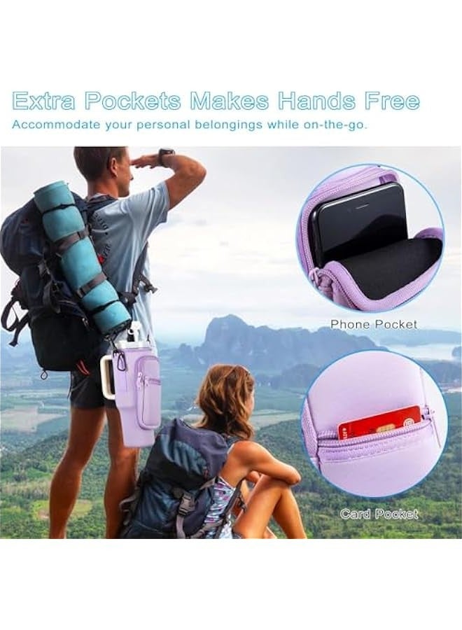 TRASSLE Water Bottle Holder with Phone Pocket for Stanley 40oz Tumbler with Handle, Water Bottle Holder Pouch with Adjustable Shoulder Strap & Straw Cover for Hiking Travelling Campin(Purple), - Image 4