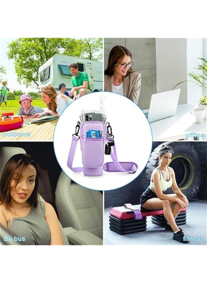 TRASSLE Water Bottle Holder with Phone Pocket for Stanley 40oz Tumbler with Handle, Water Bottle Holder Pouch with Adjustable Shoulder Strap & Straw Cover for Hiking Travelling Campin(Purple), - Image 5