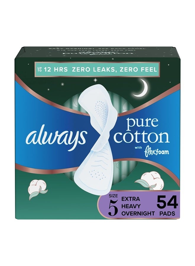 Always Pure Cotton, Feminine Pads For Women, Size 5 Extra Heavy Overnight Absorbency, Multipack, With Flexfoam, With Wings, Unscented, 18 Count x 3 Packs (54 Count total) - Image 1