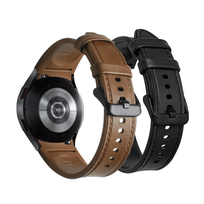 Excefore Leather Watch Band for Samsung Galaxy Watch 4/4 Classic 42mm 46mm, 2 Pack 20mm Hybrid Silicone Sweatproof Straps (Black + Brown) - Image 1