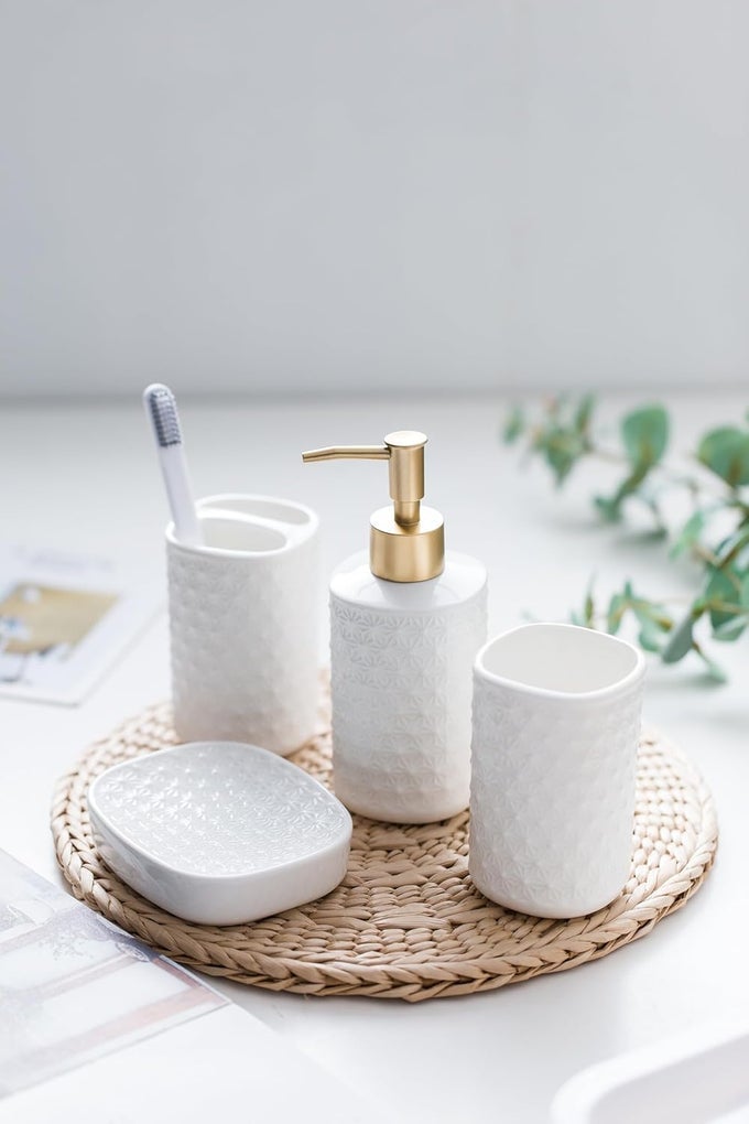 4 PCS CERAMIC BATHROOM ACCESSORIES SET TOOTH BRUSH HOLDER WATER CUP 300ML SOAP DISPENSER 330ML SOAP HOLDER DISH FOR BATHROOM WHITE