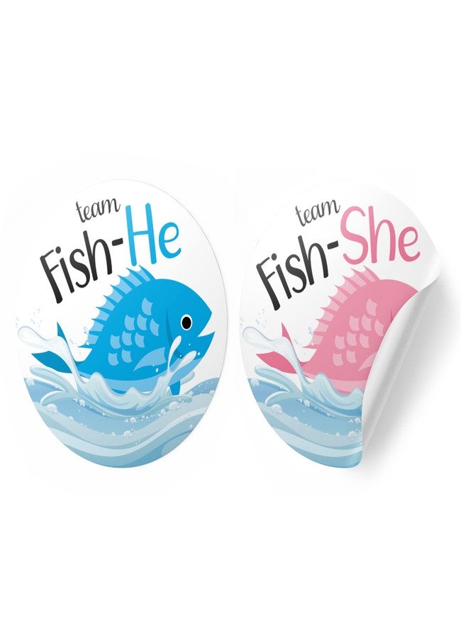 DISTINCTIVS Fishing Themed Baby Gender Reveal Party Pink or Blue Fish Team He or Team She Stickers - 40 Labels - Image 1