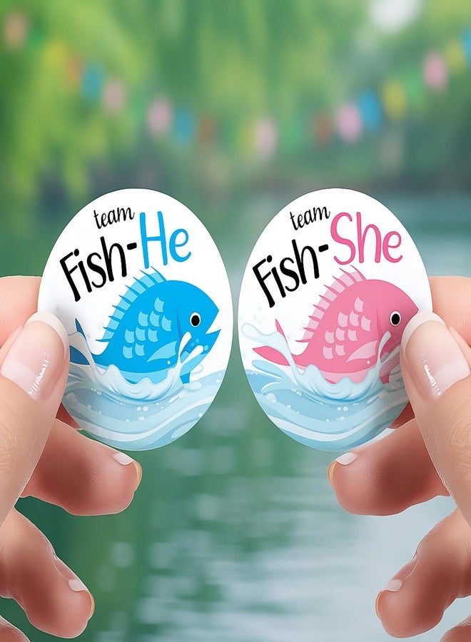 DISTINCTIVS Fishing Themed Baby Gender Reveal Party Pink or Blue Fish Team He or Team She Stickers - 40 Labels - Image 2
