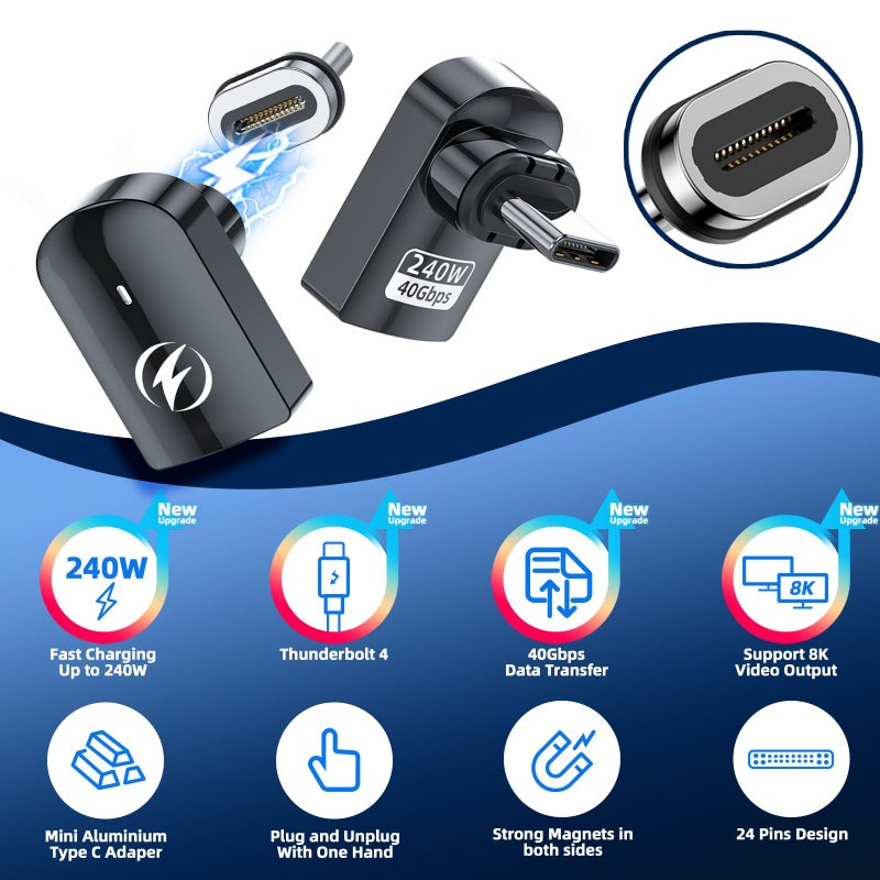 DuHeSin USB C Magnetic Adapter 240W (2 Pack) Right Angle Magnetic USB C Adapter 24 Pins with USBC 4 40Gbps 8K 60Hz for Thunderbolt 3/4, MacBook Pro/Air, Swtich and More Type C Devices - Image 2