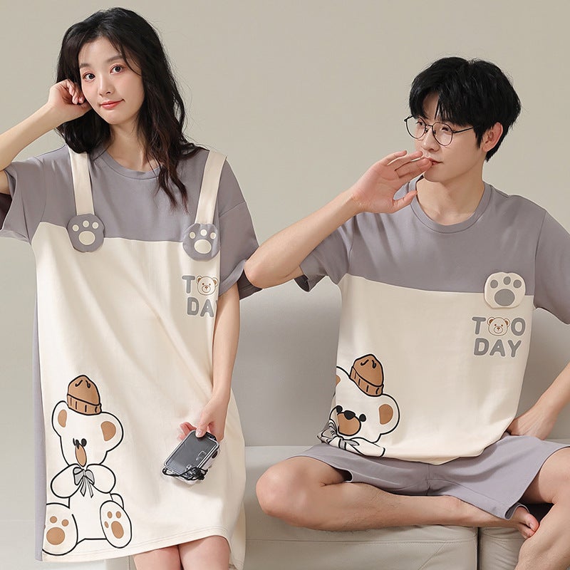 Cotton Couple Pajamas Women'S Nightgown Summer Men'S Short-Sleeved Shorts Cotton High-End Cute Cartoon Home Clothes Suit - Image 5