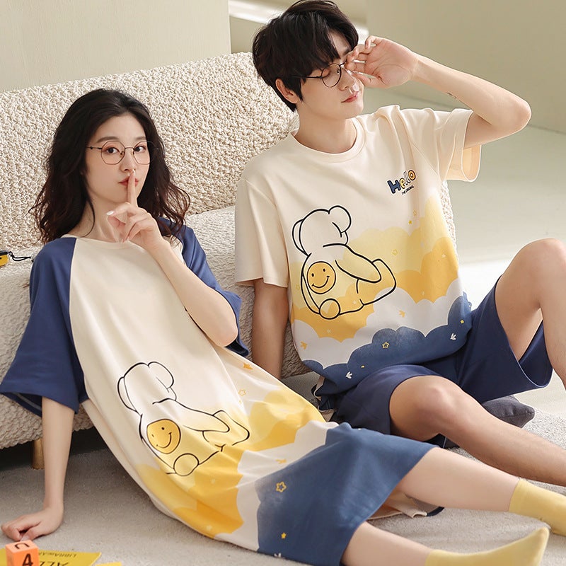 Cotton Couple Pajamas Women'S Nightgown Summer Men'S Short-Sleeved Shorts Cotton High-End Cute Cartoon Home Clothes Suit - Image 1