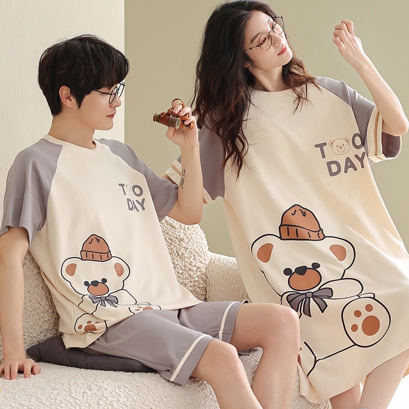 Cotton Couple Pajamas Women'S Nightgown Summer Men'S Short-Sleeved Shorts Cotton High-End Cute Cartoon Home Clothes Suit - Image 3