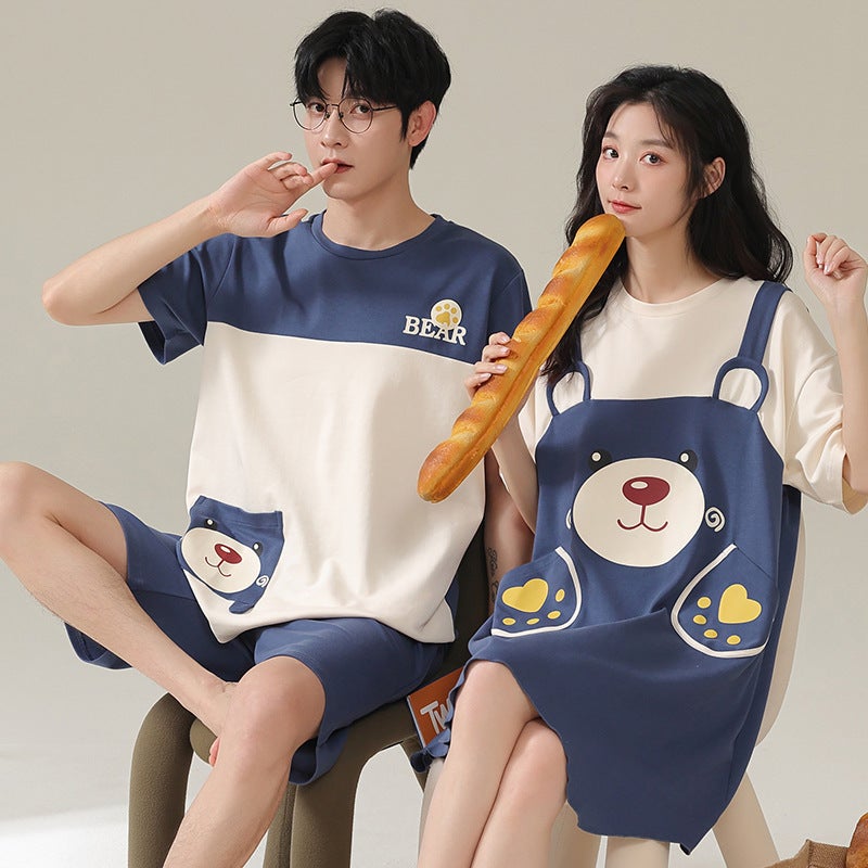 Cotton Couple Pajamas Women'S Nightgown Summer Men'S Short-Sleeved Shorts Cotton High-End Cute Cartoon Home Clothes Suit - Image 2