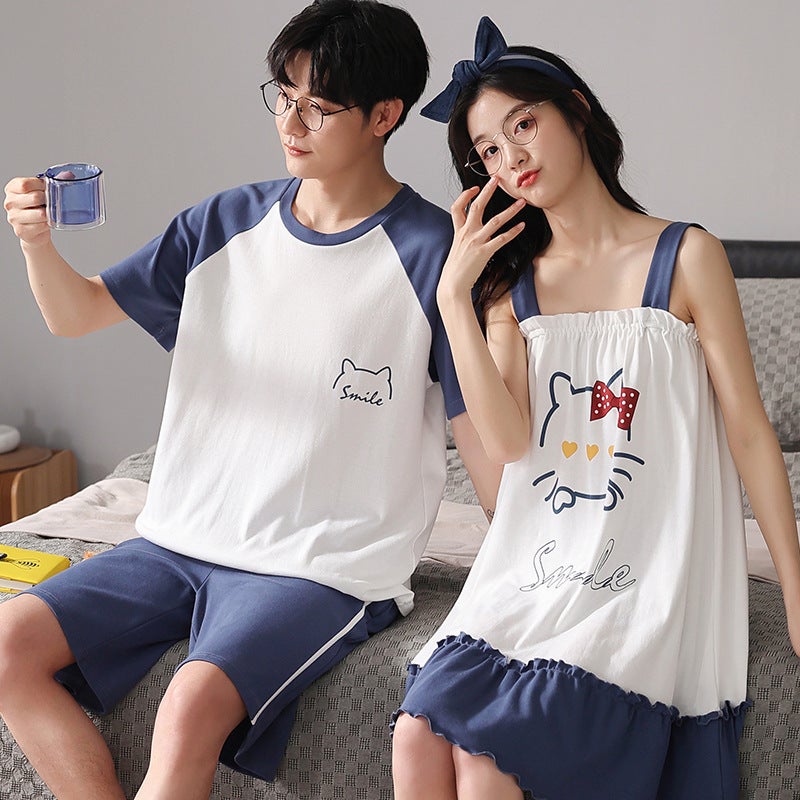 Cotton Couple Pajamas Women'S Nightgown Summer Men'S Short-Sleeved Shorts Cotton High-End Cute Cartoon Home Clothes Suit - Image 4