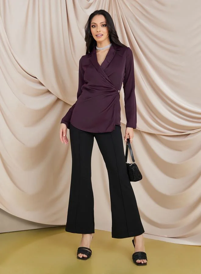 Styli Notch Lapel Wrap Top with Front Button