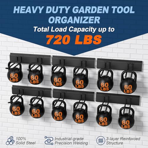 Housolution Heavy Duty Garage Wall Organizer 96 Inch - 20Pack Carries 720 lbs, Garage Tool Storage System, 6 Rails with 12 Adjustable Metal Hooks, Garden Yard Shed Rack for Rake Broom Mop Snowboard - Image 5