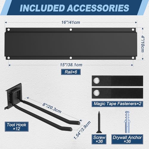 Housolution Heavy Duty Garage Wall Organizer 96 Inch - 20Pack Carries 720 lbs, Garage Tool Storage System, 6 Rails with 12 Adjustable Metal Hooks, Garden Yard Shed Rack for Rake Broom Mop Snowboard - Image 3