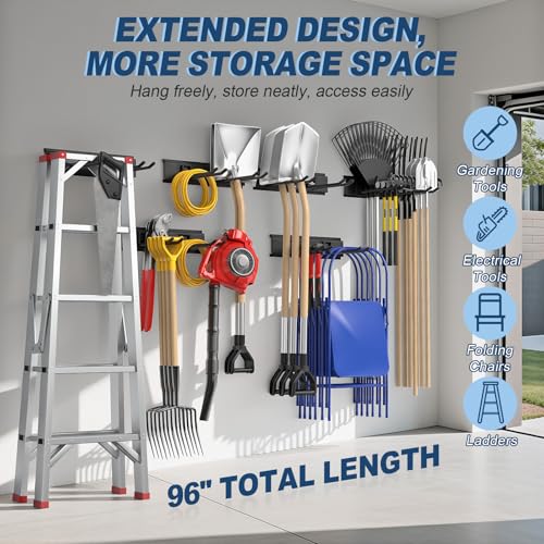 Housolution Heavy Duty Garage Wall Organizer 96 Inch - 20Pack Carries 720 lbs, Garage Tool Storage System, 6 Rails with 12 Adjustable Metal Hooks, Garden Yard Shed Rack for Rake Broom Mop Snowboard - Image 2