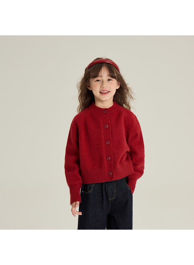 Aimobaby Girls' Korean Style Red Knitted Cardigan Winter New Arrival Boys And Girls Soft Thick Sweater Coat