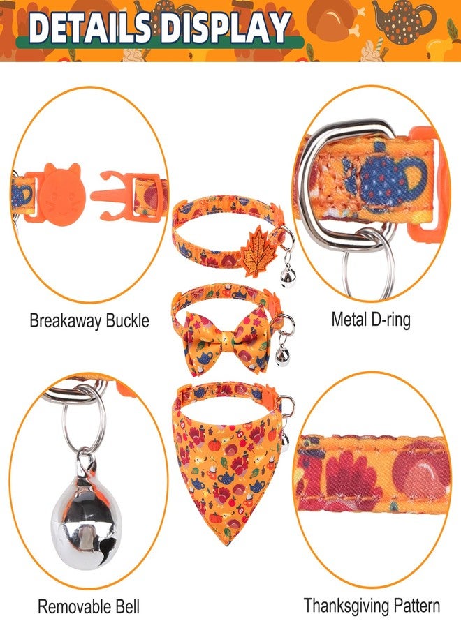 كولتيل طوق قطط كولتايل لعيد الشكر، قابل للفك مع أجراس وربطة عنق، عبوة من 3 قطع، طوق باندانا جلدي لطيف للقطط بتصميم يقطين وديك رومي، مشبك أمان قابل للتعديل للقطط الصغيرة والجراء من كلا الجنسين - Image 4