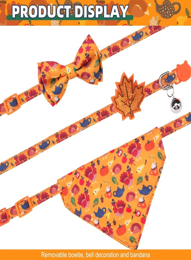 كولتيل طوق قطط كولتايل لعيد الشكر، قابل للفك مع أجراس وربطة عنق، عبوة من 3 قطع، طوق باندانا جلدي لطيف للقطط بتصميم يقطين وديك رومي، مشبك أمان قابل للتعديل للقطط الصغيرة والجراء من كلا الجنسين - Image 3
