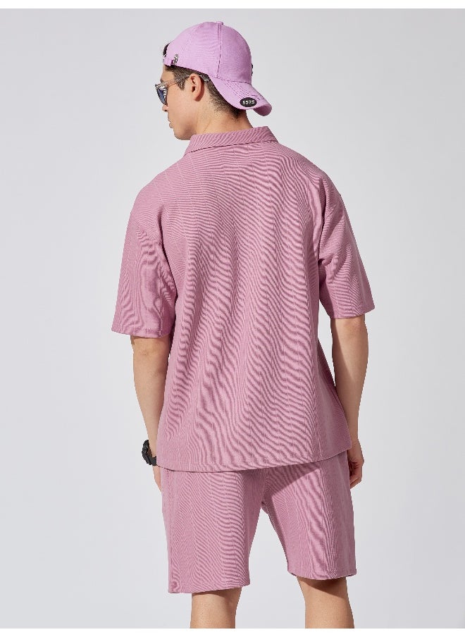 Maniac Mens Solid Polo Neck 3/4th Sleeve Brooklyn Lavender Color Tshirt and Lavender Short Cotton Oversized Fit Tracksuit  - Image 4