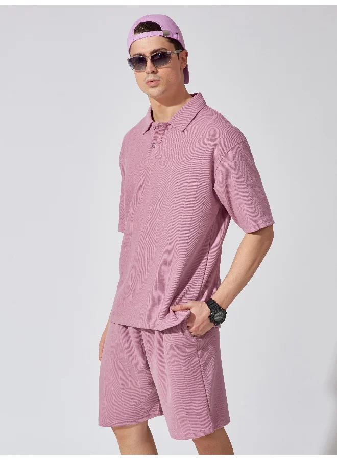 Maniac Mens Solid Polo Neck 3/4th Sleeve Brooklyn Lavender Color Tshirt and Lavender Short Cotton Oversized Fit Tracksuit