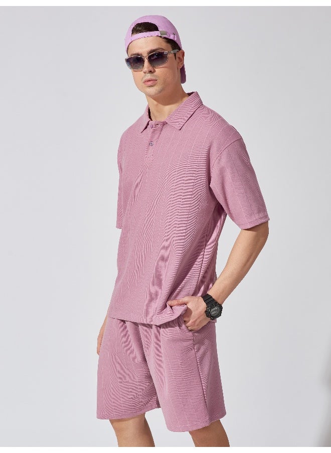 Maniac Mens Solid Polo Neck 3/4th Sleeve Brooklyn Lavender Color Tshirt and Lavender Short Cotton Oversized Fit Tracksuit  - Image 3